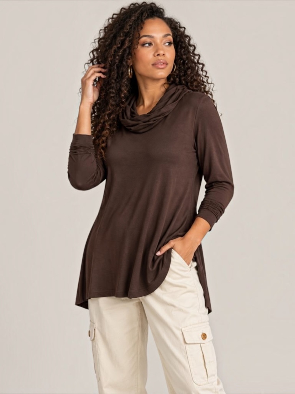 CAbi Women’s Brown Cowl Neck Hi Low Tunic Top Long Sleeve Size S Soft Stretch